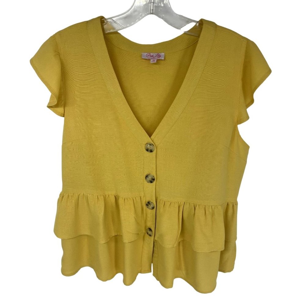 Pink Lily Yellow Button Down Layered Shirt Size M